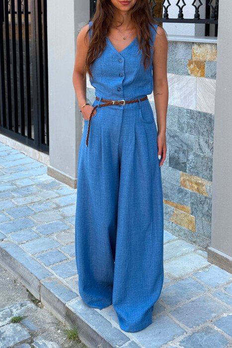 ONE COLOR BELT DETAIL BUTTONED WOMAN JUMPSUIT BLUE/BLU - 3