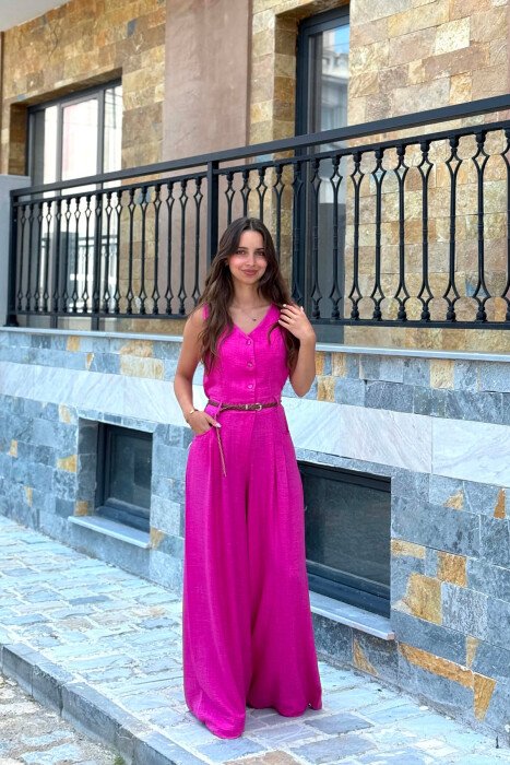 ONE COLOR BELT DETAIL BUTTONED WOMAN JUMPSUIT FUCHSIA/CIKLAMI - 1