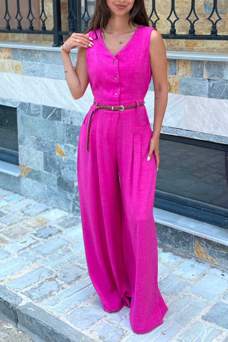 ONE COLOR BELT DETAIL BUTTONED WOMAN JUMPSUIT FUCHSIA/CIKLAMI - 3