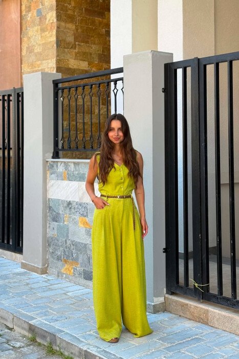 ONE COLOR BELT DETAIL BUTTONED WOMAN JUMPSUIT LIGHT GREEN/JEZB - 1
