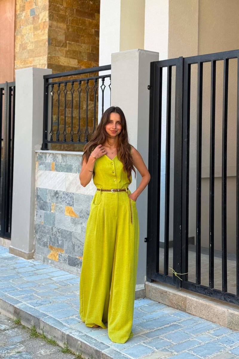 ONE COLOR BELT DETAIL BUTTONED WOMAN JUMPSUIT LIGHT GREEN/JEZB - 2