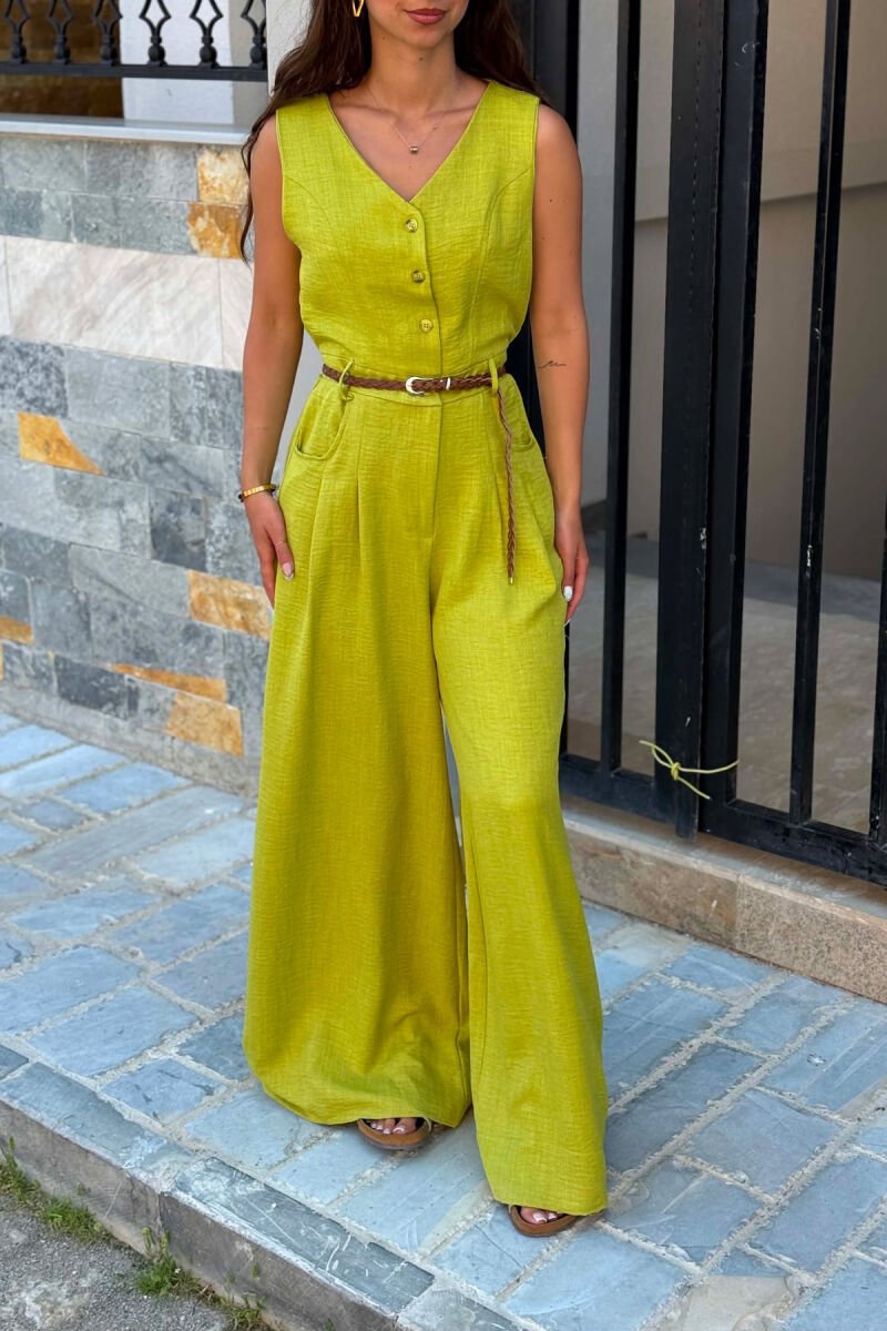 ONE COLOR BELT DETAIL BUTTONED WOMAN JUMPSUIT LIGHT GREEN/JEZB - 4