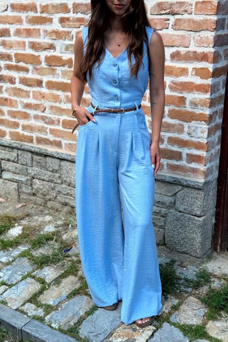 ONE COLOR BELT DETAIL BUTTONED WOMAN JUMPSUIT LIGHTBLUE/BZ - 4