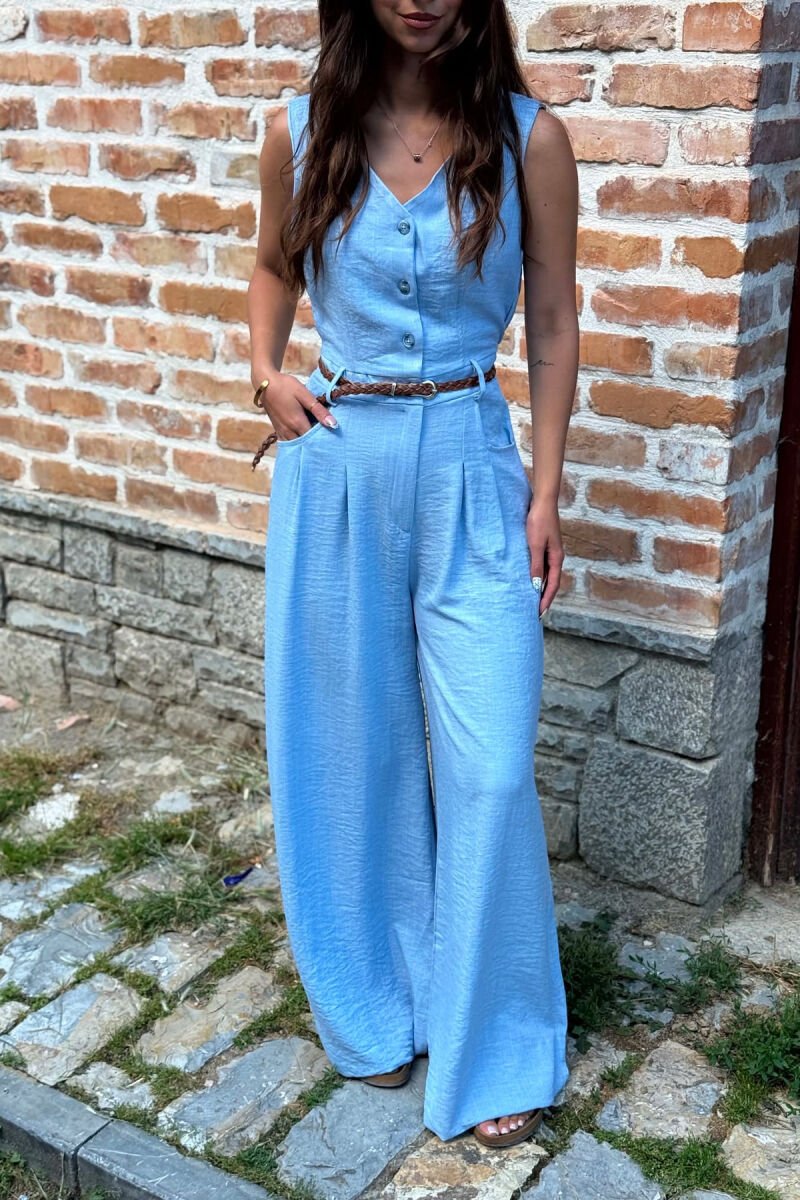 ONE COLOR BELT DETAIL BUTTONED WOMAN JUMPSUIT LIGHTBLUE/BZ - 4