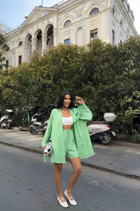 ONE COLOR BELT DETAIL SHIRT+ SHORTS WOMAN TWO PIECE SET LIGHT GREEN/JEZB - KLAUDIO FASHION