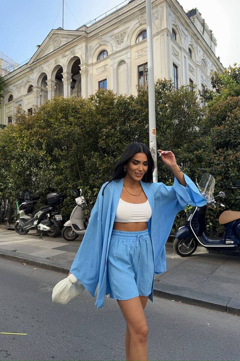 ONE COLOR BELT DETAIL SHIRT+ SHORTS WOMAN TWO PIECE SET LIGHTBLUE/BZ - 3