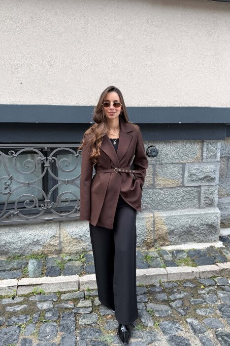 ONE COLOR BELT DETAIL CLASSIC WOMAN JACKET DARK BROWN/KAE - 4
