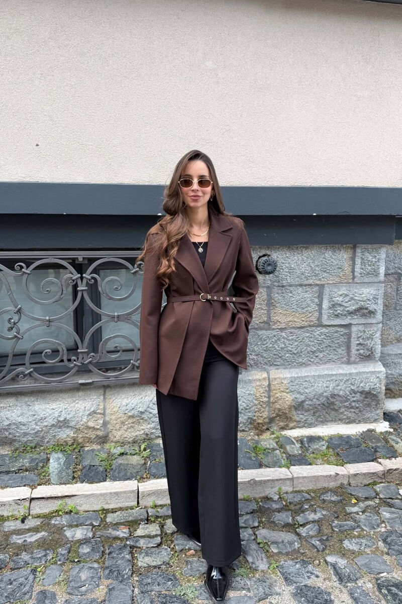 ONE COLOR BELT DETAIL CLASSIC WOMAN JACKET DARK BROWN/KAE - 4