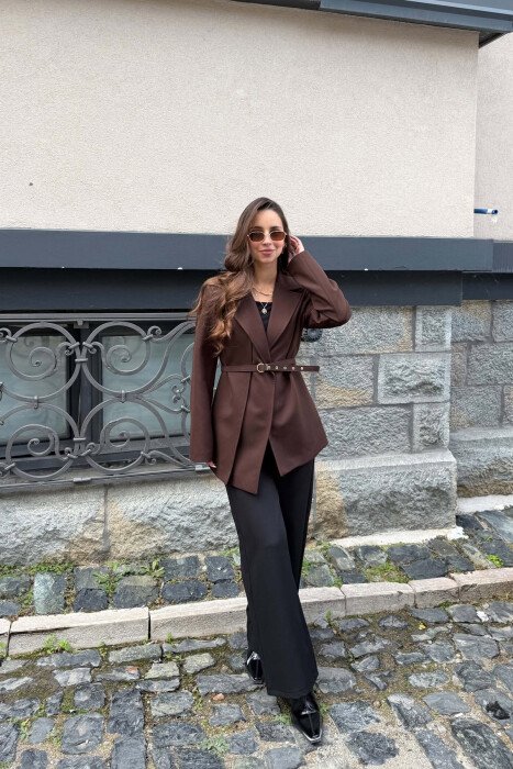 ONE COLOR BELT DETAIL CLASSIC WOMAN JACKET DARK BROWN/KAE - 5