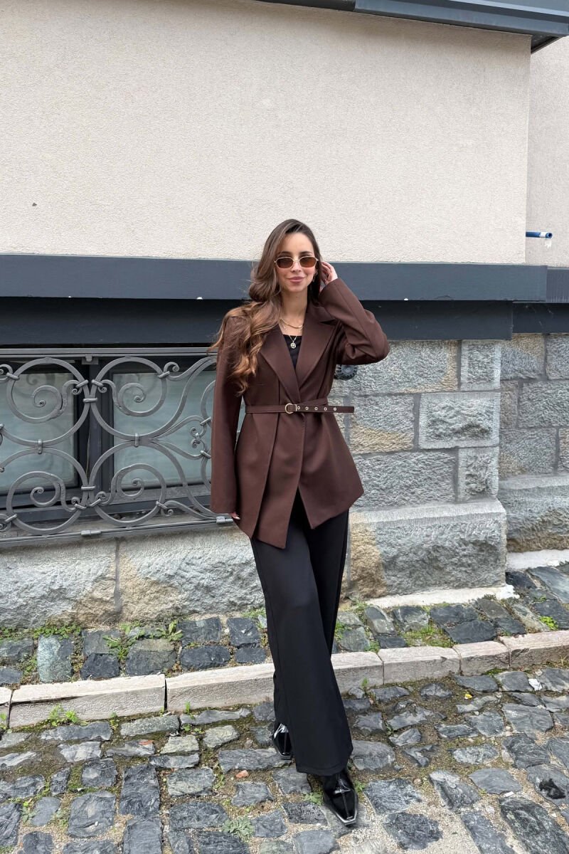 ONE COLOR BELT DETAIL CLASSIC WOMAN JACKET DARK BROWN/KAE - 5
