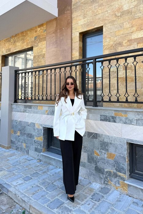 ONE COLOR BELT DETAIL CLASSIC WOMAN JACKET WHITE-E BARDHE - 5