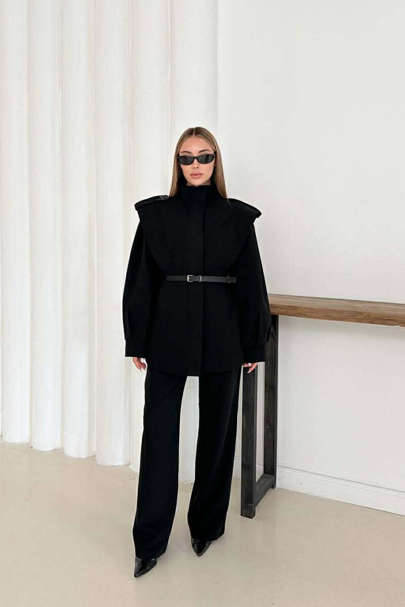 ONE COLOR BELT DETAIL HIDDEN BUTTON UP JACKET+ TROUSERS WOMEN SET BLACK/ E ZEZE - 1