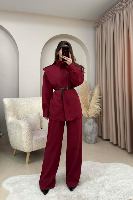 SET NJE NGJYRESH XHAKETE ME RRIP DHE BUTONA TE FSHEHUR + PANTALLONA PER FEMRA NE NGJYRE VISHNJE - KLAUDIO FASHION