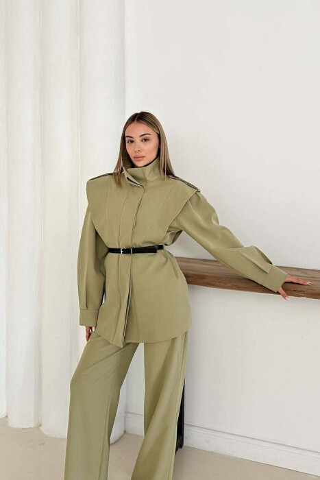 ONE COLOR BELT DETAIL HIDDEN BUTTON UP JACKET+ TROUSERS WOMEN SET OLIVE/ULLI - 10