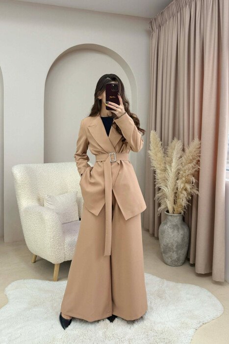 ONE COLOR BELT DETAIL JACKET+TROUSERS WOMEN SET BEIGE/BEZHE - KLAUDIO FASHION