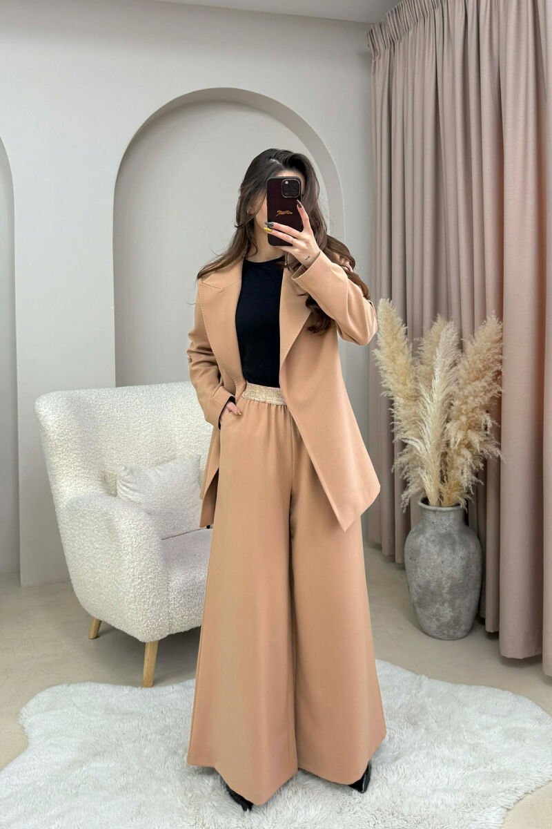 ONE COLOR BELT DETAIL JACKET+TROUSERS WOMEN SET BEIGE/BEZHE - 3