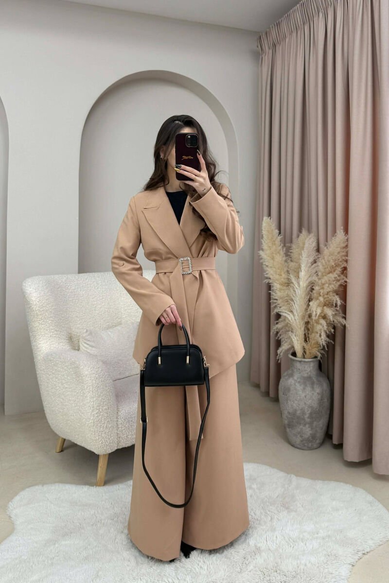 ONE COLOR BELT DETAIL JACKET+TROUSERS WOMEN SET BEIGE/BEZHE - 4