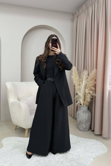 ONE COLOR BELT DETAIL JACKET+TROUSERS WOMEN SET BLACK/ E ZEZE - 1