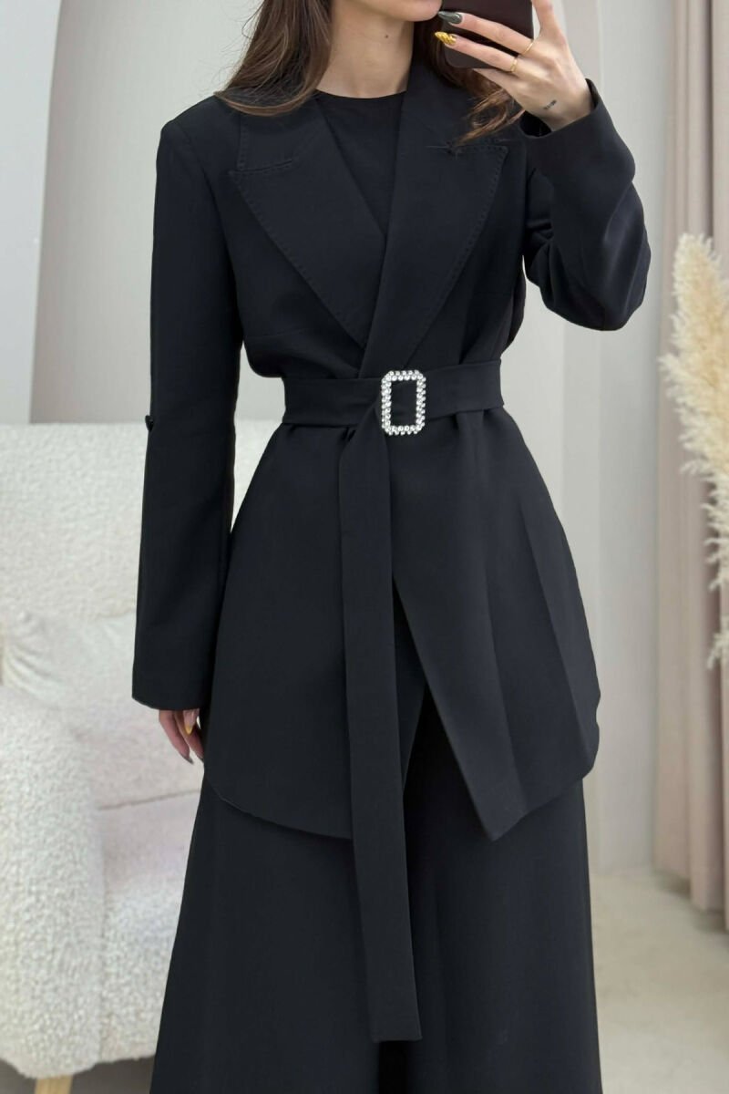ONE COLOR BELT DETAIL JACKET+TROUSERS WOMEN SET BLACK/ E ZEZE - 3