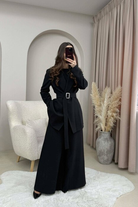 ONE COLOR BELT DETAIL JACKET+TROUSERS WOMEN SET BLACK/ E ZEZE - 4