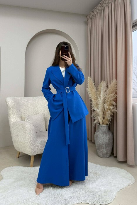 ONE COLOR BELT DETAIL JACKET+TROUSERS WOMEN SET BLUE/BLU - KLAUDIO FASHION
