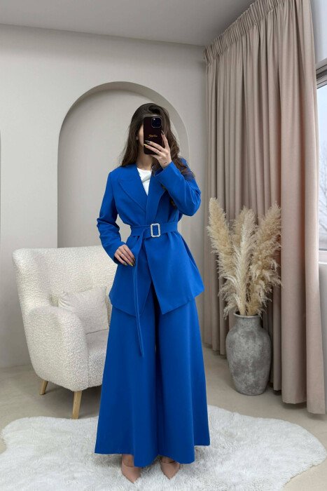ONE COLOR BELT DETAIL JACKET+TROUSERS WOMEN SET BLUE/BLU - 2