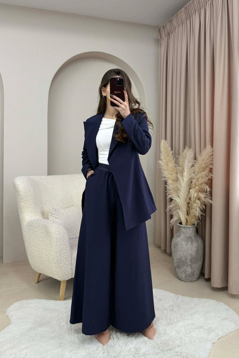ONE COLOR BELT DETAIL JACKET+TROUSERS WOMEN SET DARK BLUE/BEE - 2
