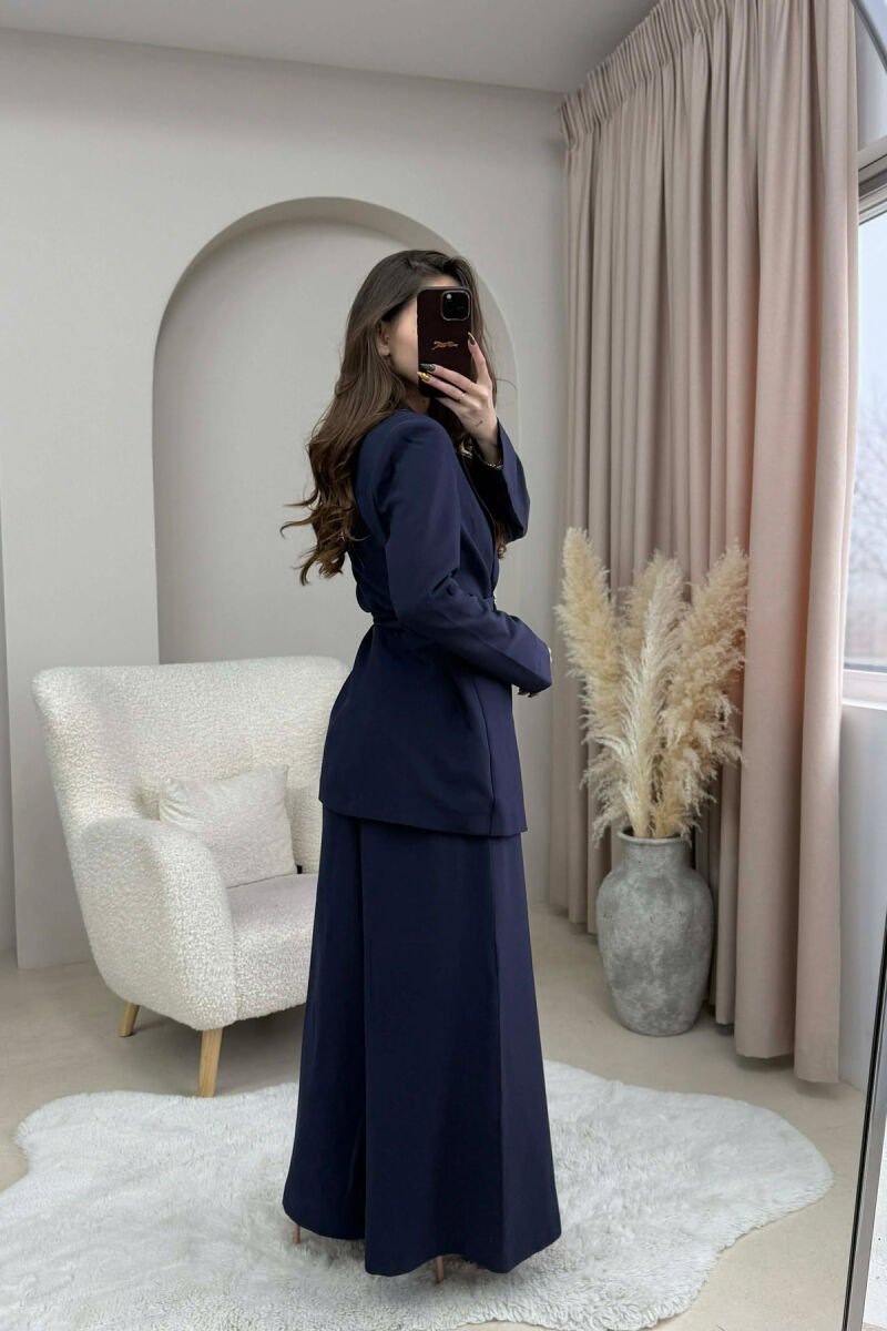 ONE COLOR BELT DETAIL JACKET+TROUSERS WOMEN SET DARK BLUE/BEE - 3