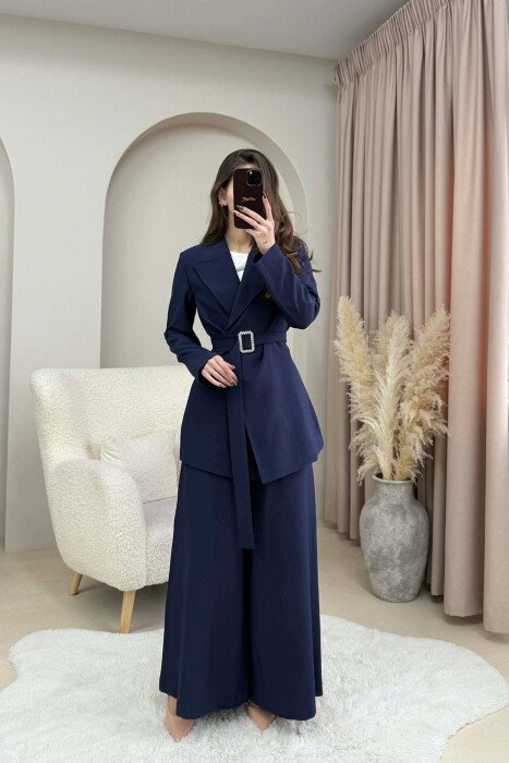 ONE COLOR BELT DETAIL JACKET+TROUSERS WOMEN SET DARK BLUE/BEE - 4