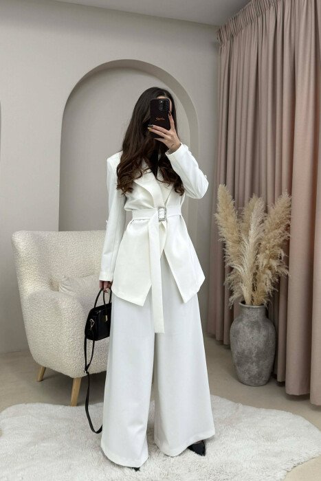 ONE COLOR BELT DETAIL JACKET+TROUSERS WOMEN SET WHITE-E BARDHE - KLAUDIO FASHION
