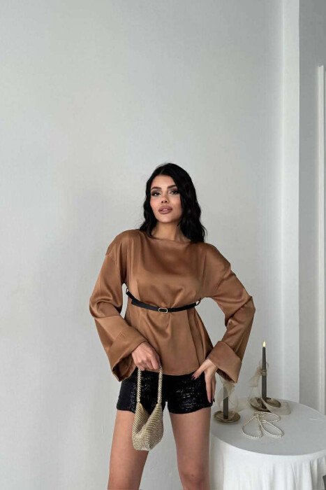 ONE COLOR BELT DETAIL LONG SLEEVE WOMEN SHIRT BROWN/KAFE - 2