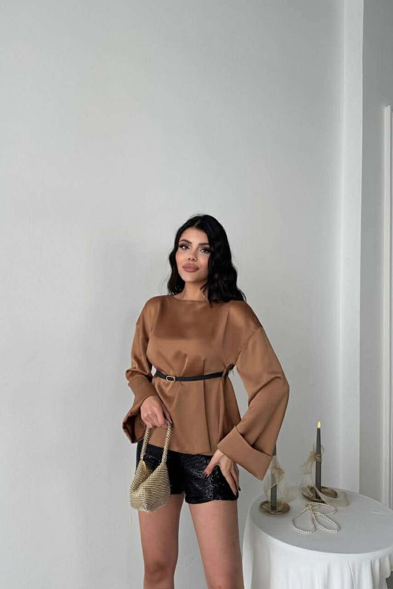 ONE COLOR BELT DETAIL LONG SLEEVE WOMEN SHIRT BROWN/KAFE - 3