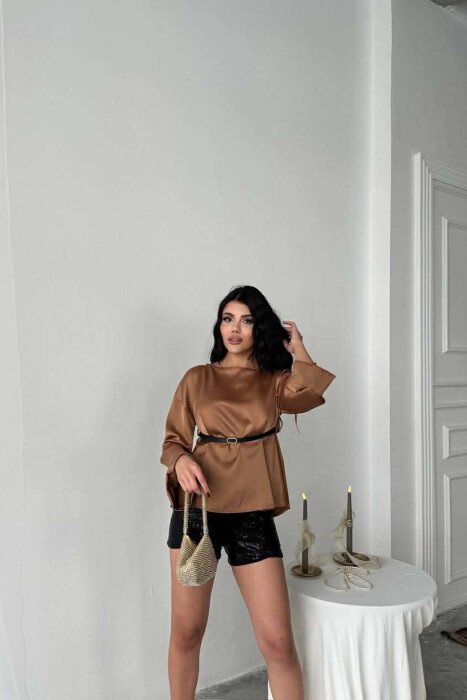 ONE COLOR BELT DETAIL LONG SLEEVE WOMEN SHIRT BROWN/KAFE - 4
