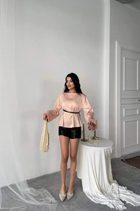 ONE COLOR BELT DETAIL LONG SLEEVE WOMEN SHIRT POWDER/PUDER - 2