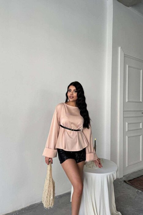 ONE COLOR BELT DETAIL LONG SLEEVE WOMEN SHIRT POWDER/PUDER - 3