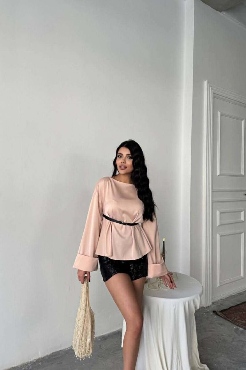 ONE COLOR BELT DETAIL LONG SLEEVE WOMEN SHIRT POWDER/PUDER - 3