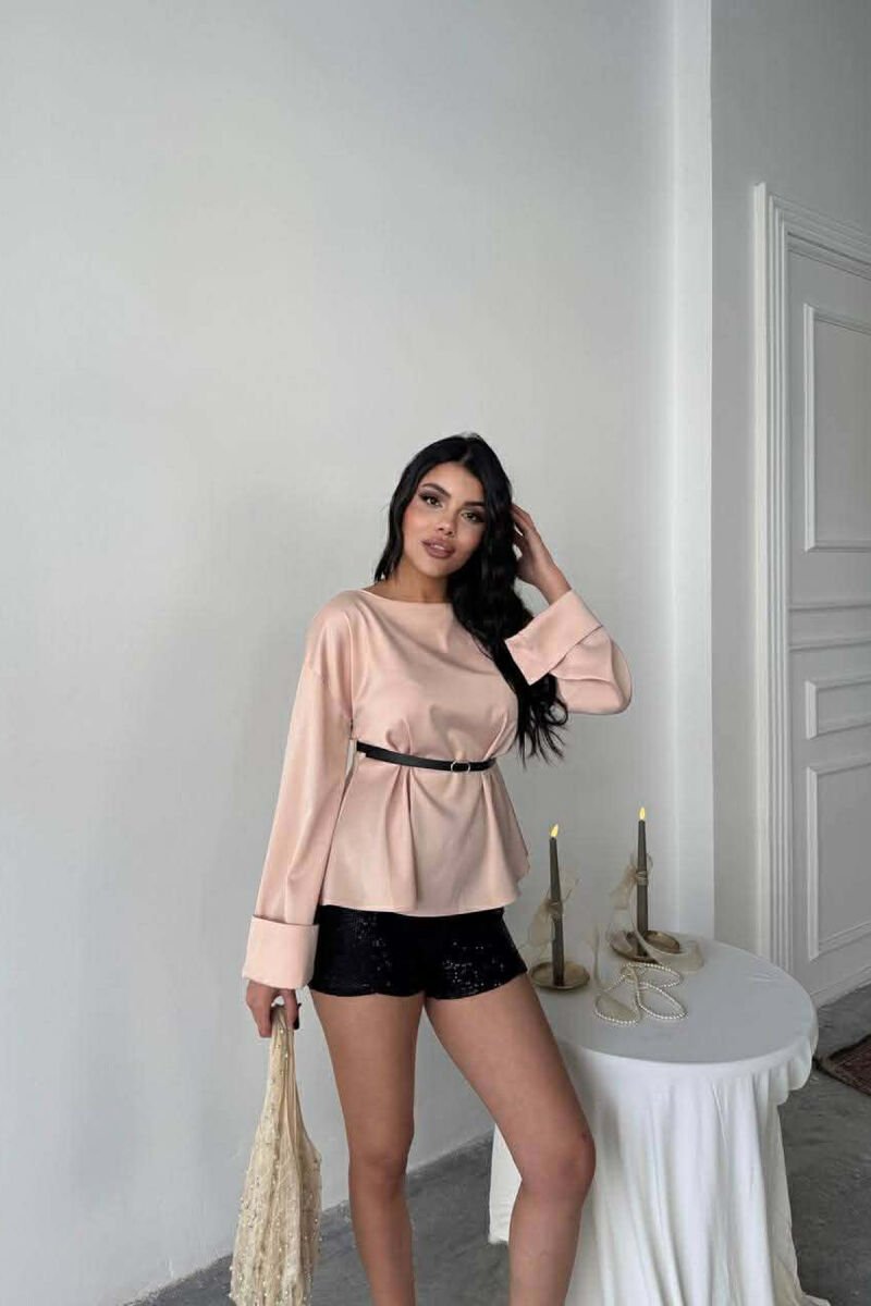 ONE COLOR BELT DETAIL LONG SLEEVE WOMEN SHIRT POWDER/PUDER - 4