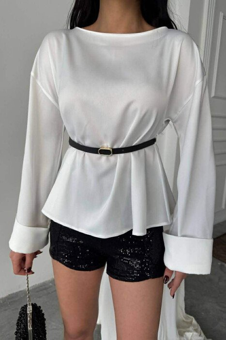 ONE COLOR BELT DETAIL LONG SLEEVE WOMEN SHIRT WHITE-E BARDHE - KLAUDIO FASHION