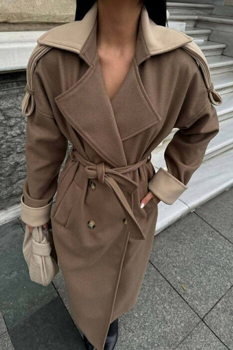 ONE COLOR BELT DETAIL LONG WOMEN COAT BEIGE/BEZHE - 1