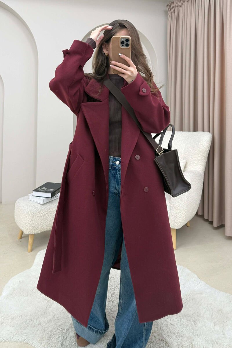 ONE COLOR BELT DETAIL LONG WOMEN TRENCH COAT DARK BURGUNDY/VISHNJE E ERRET - 1