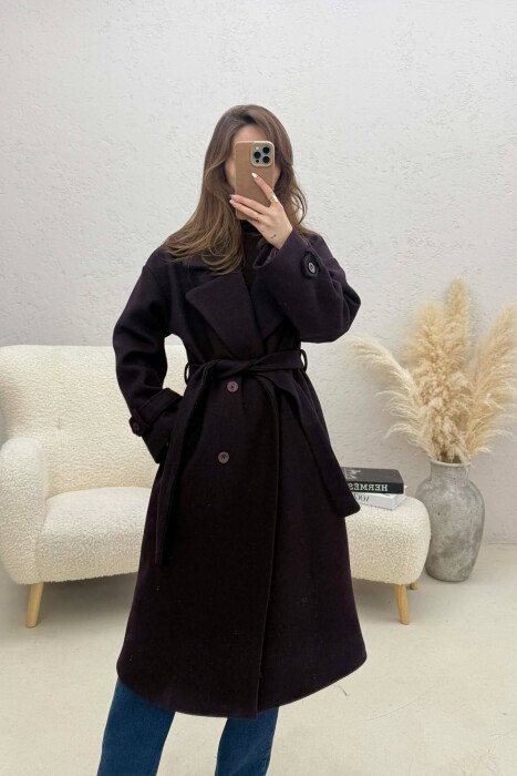 ONE COLOR BELT DETAIL LONG WOMEN TRENCH COAT DARK PURPLE/LEJLA ERRET - KLAUDIO FASHION