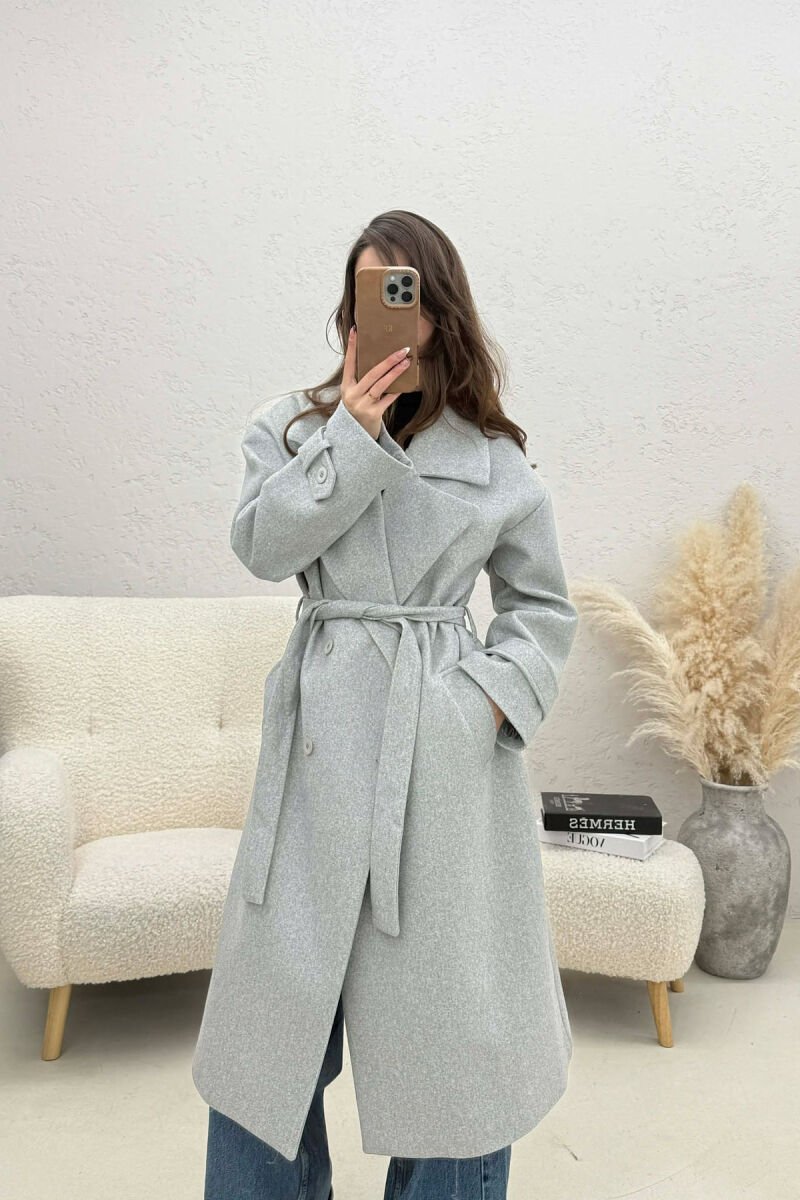 ONE COLOR BELT DETAIL LONG WOMEN TRENCH COAT LIGHT GREY/GZ - 1