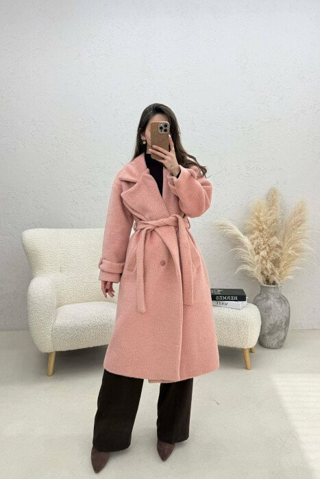 ONE COLOR BELT DETAIL LONG WOMEN TRENCH COAT SALMON/SALMON 
