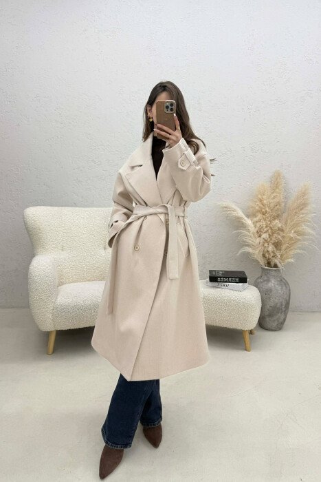 ONE COLOR BELT DETAIL LONG WOMEN TRENCH COAT WHITE-BEIGE/BABZH 