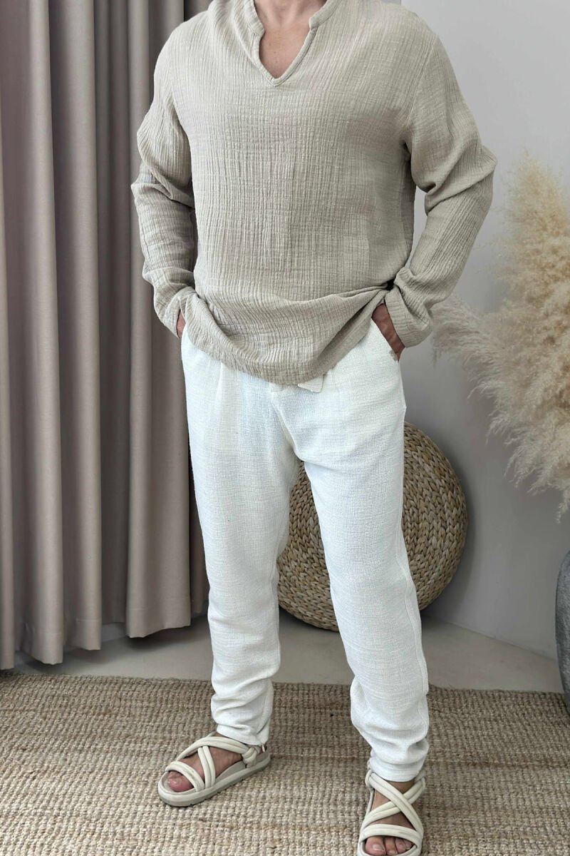 ONE COLOR BELT DETAIL MEN PANTS CREAM/KREM - 1