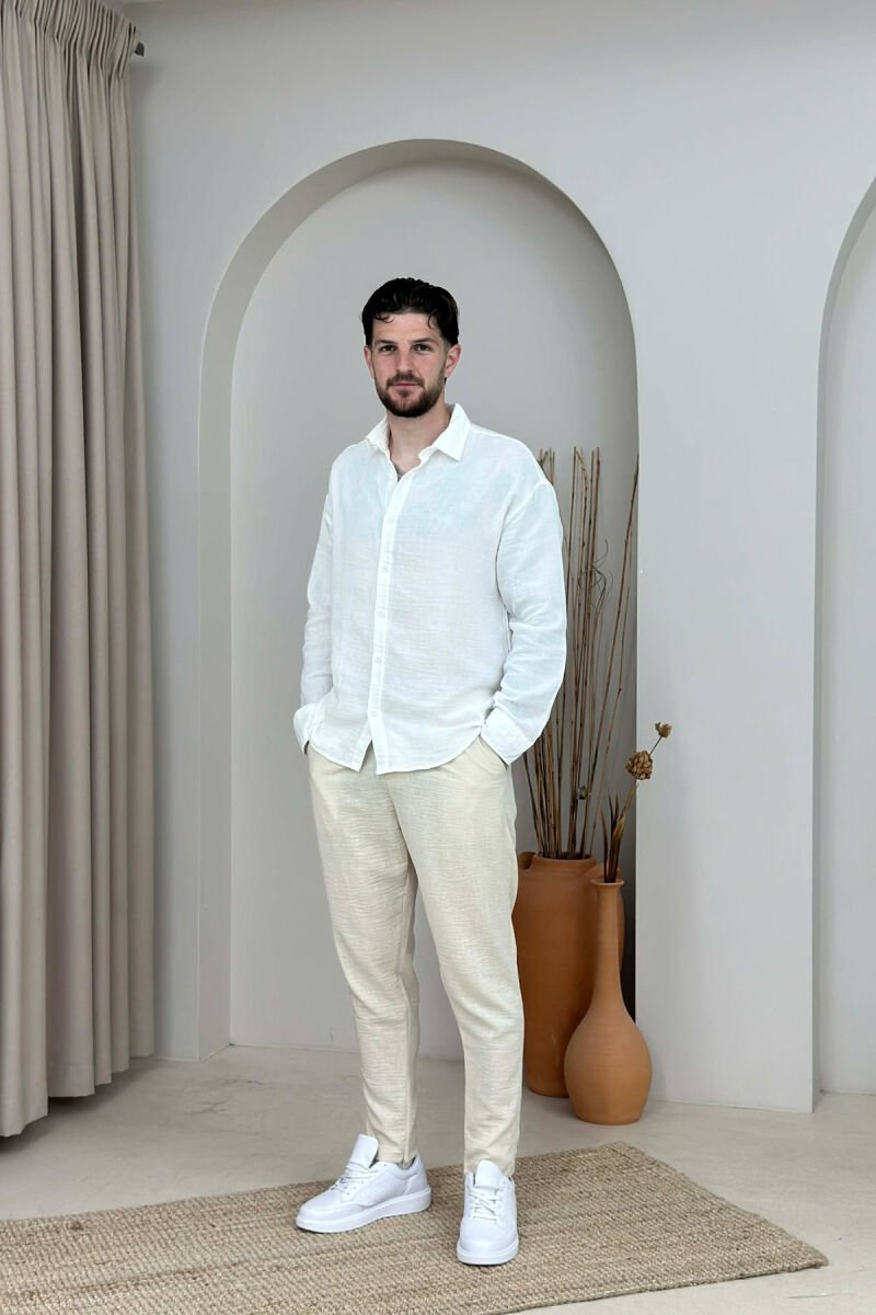 ONE COLOR BELT DETAIL MEN PANTS CREAM/KREM - 1