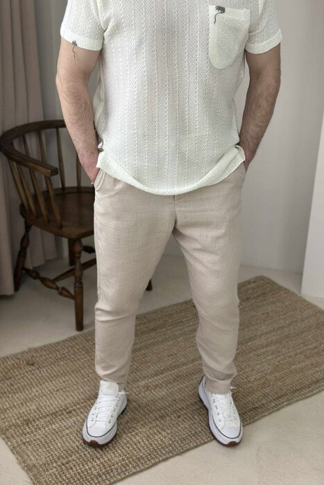 ONE COLOR BELT DETAIL MEN PANTS CREAM/KREM 