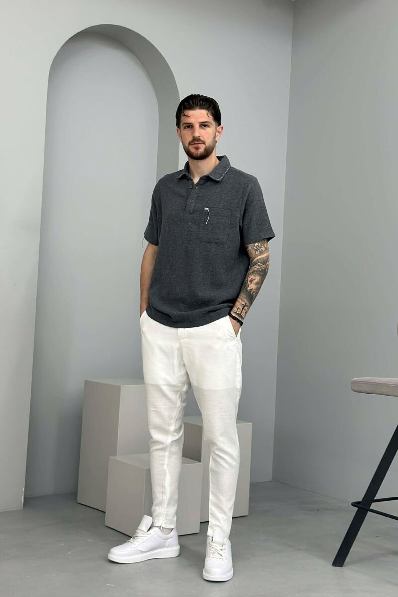 ONE COLOR BELT DETAIL MEN PANTS WHITE-E BARDHE - 1