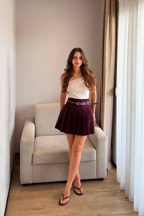 ONE COLOR BELT DETAIL TENNIS WOMEN SKORT DARK BURGUNDY/VISHNJE E ERRET - KLAUDIO FASHION
