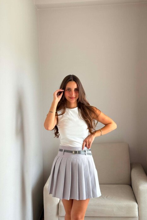 ONE COLOR BELT DETAIL TENNIS WOMEN SKORT LIGHT GREY/GZ - KLAUDIO FASHION